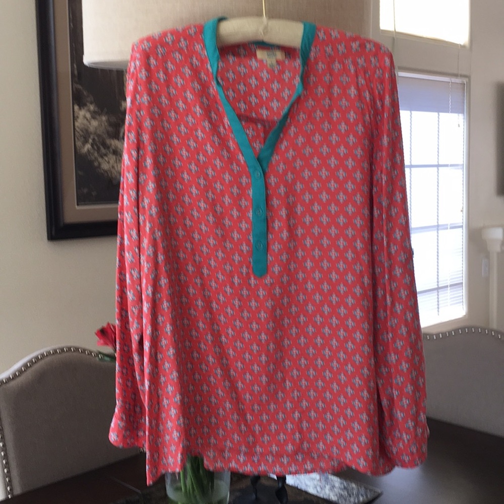Salmon and turquoise colored blouse